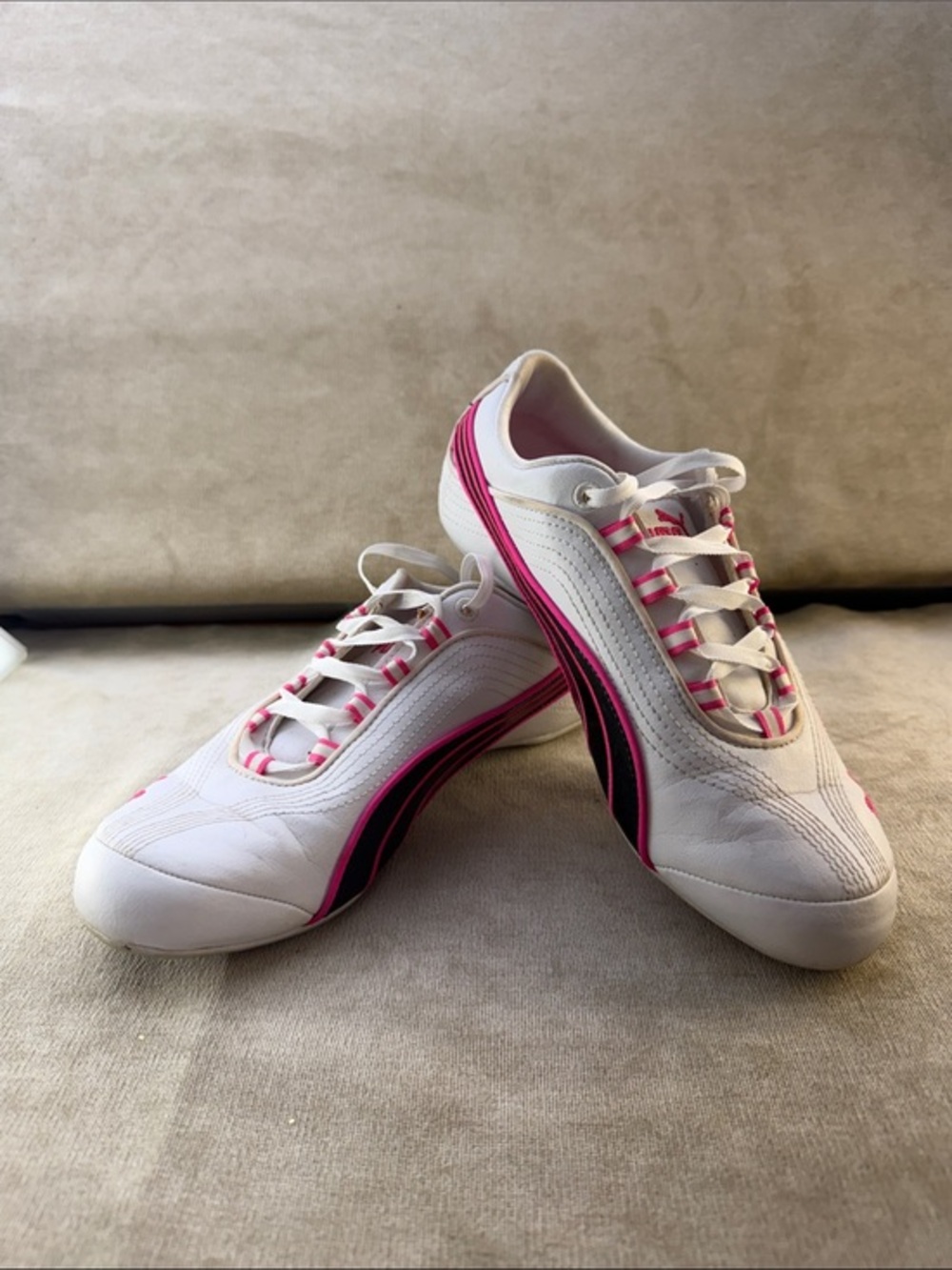 Puma White Sneakers with Pink Stripes